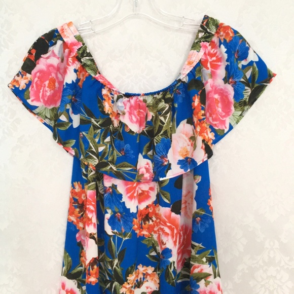 NWT Blue Pink Floral Off The Shoulder Top - Picture 1 of 5
